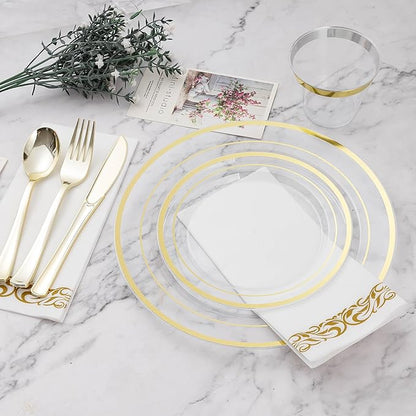 BESTVIP 175PCS Clear Gold Disposable Dinnerware Set for 25 Guests, Plastic Plates for Party, Wedding, Christmas, Include: 50Plastic Plates, 25 Gold Silverware, 25 Cups, 25 Napkins
