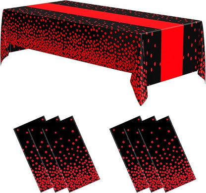 Oudain 6 Pcs Black and Red Tablecloth for Parties Plastic Dot Tablecloths Printed Table Runner Waterproof Disposable Rectangle Table Cover for Christmas Birthday Wedding Party, 54" x 108"