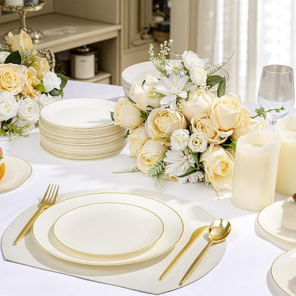 bUCLA 200PCS Ivory Plastic Plates with Gold Rim - Heavy Duty Cream Disposable Include 100 Dinner 10 inch & 100 Dessert 7 inch Plates, Ideal for Party & Wedding