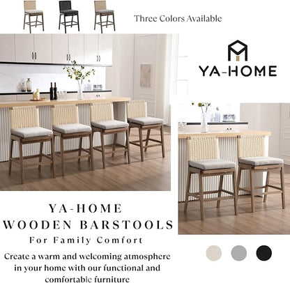 Mid Century Modern Counter Height Barstools Set of 2, 27” Linen Upholstered Counter Stools with Rope Woven Back Wooden Farmhouse Bar Stools for Kitchen Island Dining Room,Grey