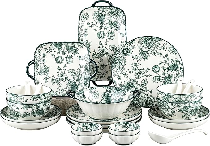 Ceramic Dinnerware Set, Floral Plates and Bowls Sets, Microwave & Dishwasher by FANGJING