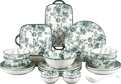 Ceramic Dinnerware Set, Floral Plates and Bowls Sets, Microwave & Dishwasher by FANGJING