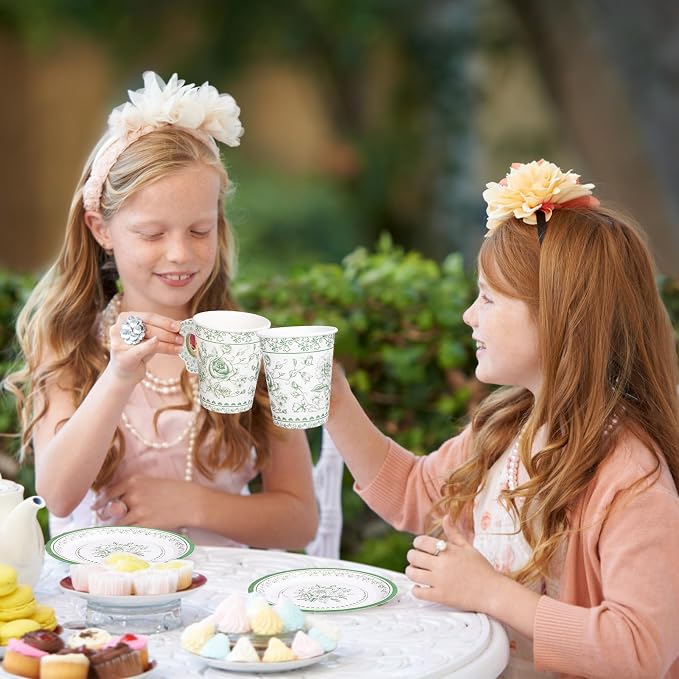 Whaline 80 Pcs Green White Floral Paper Tea Cups and Saucers Porcelain - Image 5
