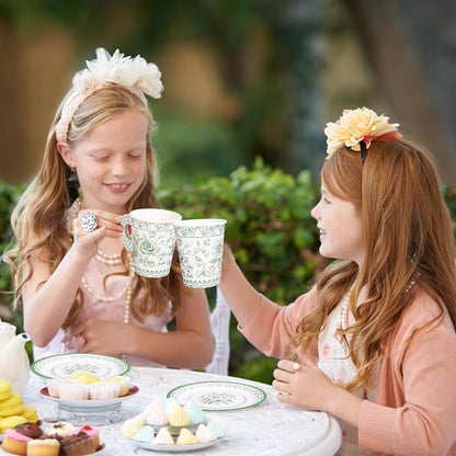 Whaline 80 Pcs Green White Floral Paper Tea Cups and Saucers Porcelain - Image 5
