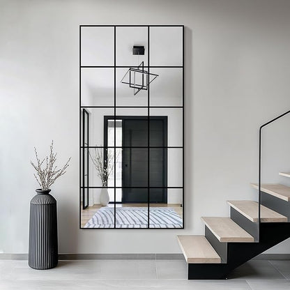 Large Window Pane Full Length Mirror for Wall, 55"x28" Black Rectangular Wall Mirror for Living Room, Bedroom, Entryway, Hanging or Leaning