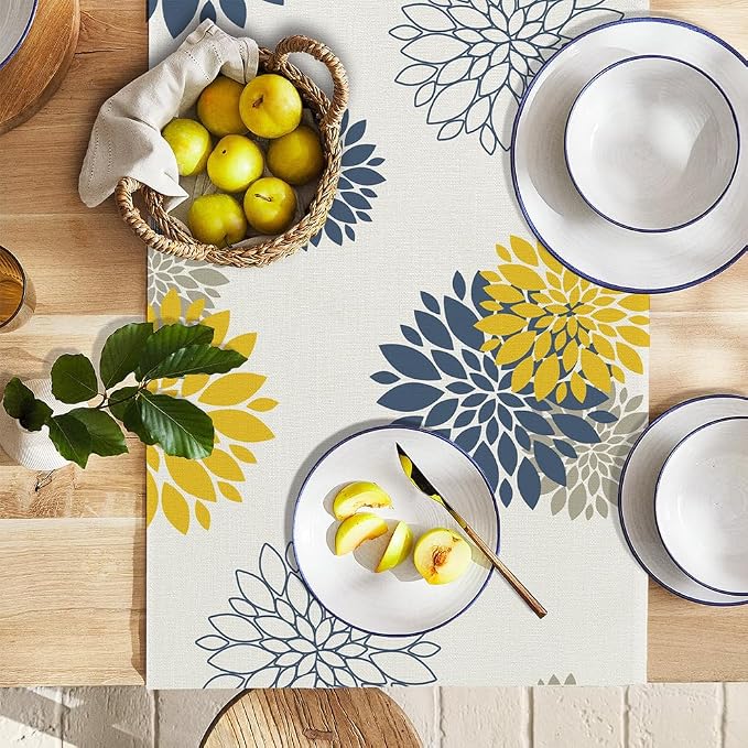 Blue Yellow Gray Table Runner Dahlia Pinnata Flower Beige Table Runners Modern - Image 3