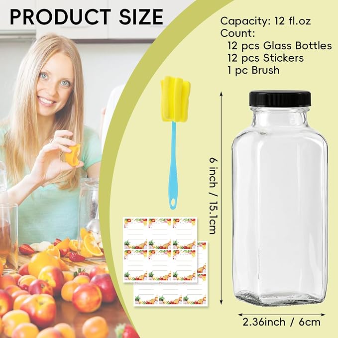 12 oz Glass Juice Bottles with Lids 12-Pack - Image 2