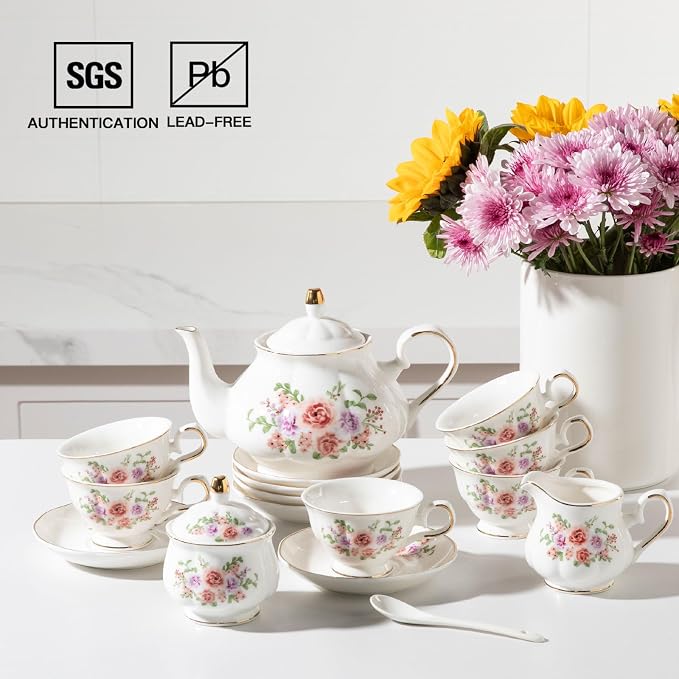 Sweejar Porcelain Tea Set Vintage Floral, British Relief Gold Rim Teapot Cup - Image 3