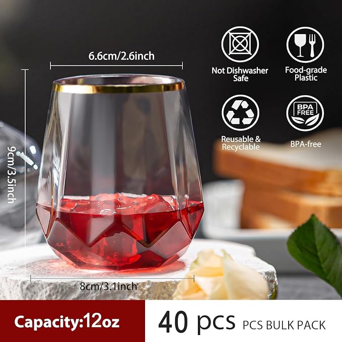 Oojami 40 Pack Disposable Plastic Wine Glasses 12oz Gold Rim - Image 4