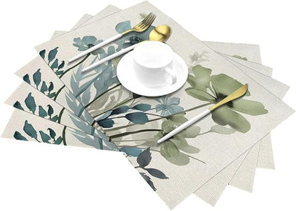 Spring Floral Placemats 12x18 Inches Set of 4,Watercolor Blue Green Flower Decorative Rectangle Summer Decor Floral Decoration Table Mats for Party, Home Kitchen,Dining Table Decoration