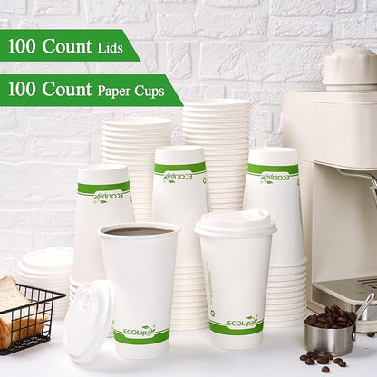 ECOLipak 100 Count 16 oz Compostable Paper Coffee Cups, Biodegradable Disposable Coffee Cups with CPLA Lid, Eco-friendly Hot Drinking Cups for Parties, Picnics, Travels,and Events