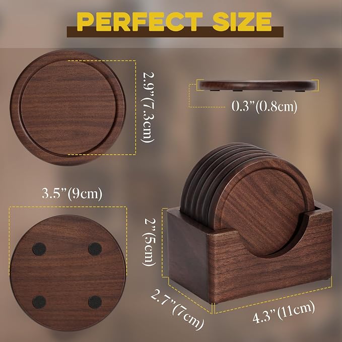 Wood Coasters with Holder, GOH DODD Set of 6 Walnut Wooden Coaster Tabletop - Image 6