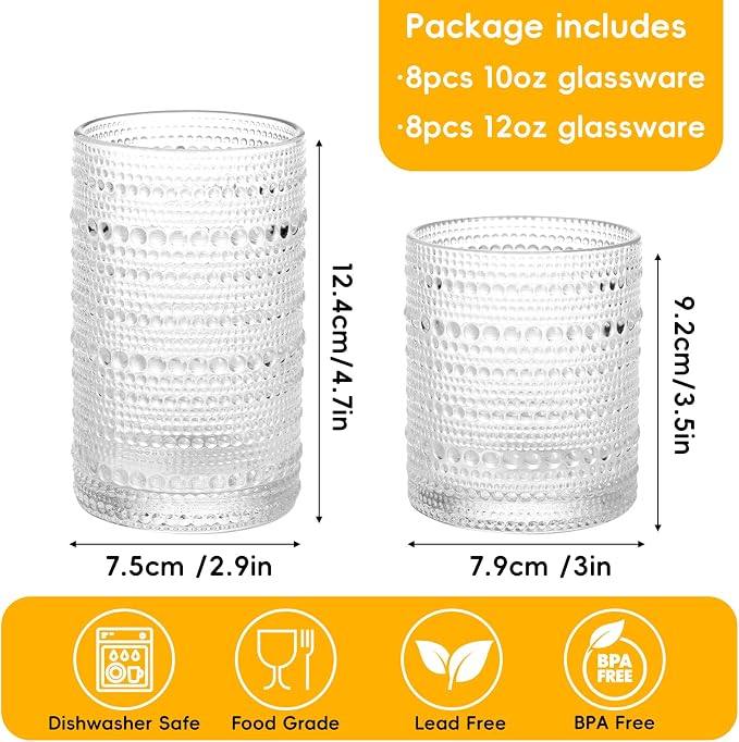 Moretoes Hobnail Drinking Glasses Set of 16, Vintage Water Glass Cups | 12 Oz - Image 3