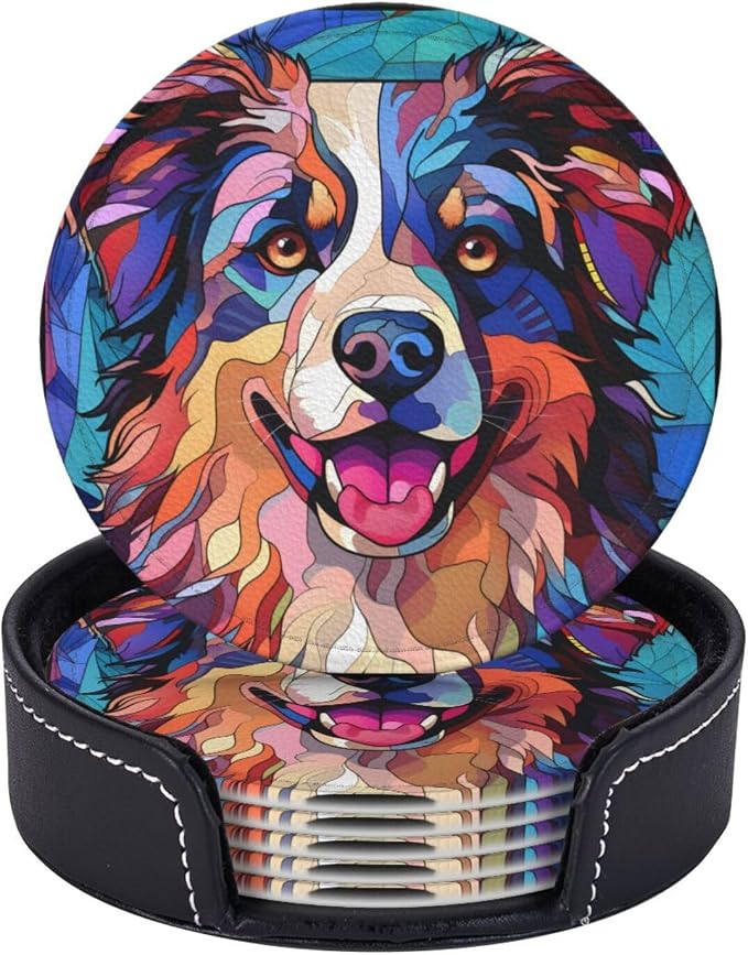 Australian Shepherd Stained Dog Breed Glass Art Leather Drinks Coasters by Novgift