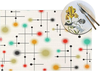 Mid Century Modern Placemats Set of 4, Washable Retro Table Mats for Kitchen Dining Tables Yellow Decorative Linen Place Mats 12x18 Inch
