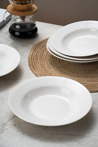 8.7-inch Wide Rim Ceramic Soup Bowl - Lead-Free White Pasta Bowls for Spaghetti, Salad, Stew, Rice Microwave & Dishwasher Safe - Scratch-Resistant & Heatproof Design Set of 4