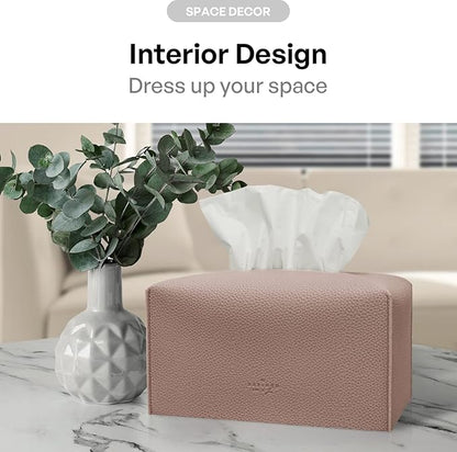 Carrotez Tissue Box Cover, [Refined] Modern PU Leather Rectangular Tissue Box Holder - Decorative Holder/Organizer for Bathroom Vanity Countertop, Night Stands, Office Desk 9.5"X5"X5" - Rose Pink