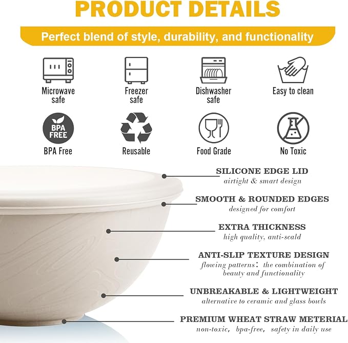 Wheat Straw Bowls Set with Lids, Unbreakable 40 OZ Large Cereal Bowls Set of 4 - Image 3