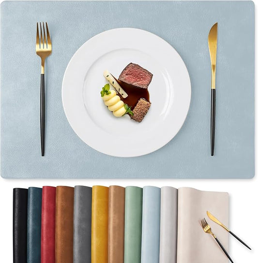 MOSAYT Vinyl Placemats Set of 8-12 X 17 Inch - Faux Leather 100% Waterproof Oil-Proof Wipeable PU Place Mats, Heat Resistant Reversible Table Mats for Kitchen, Dining, Outdoor (Light Grayish Blue)
