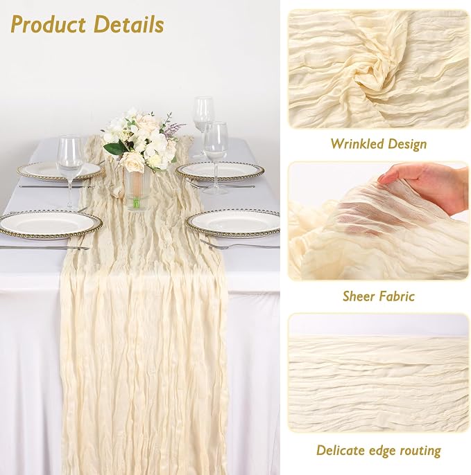 8 Pack Ivory Cream Cheesecloth Table Runner 120 Inch Boho Wedding Decor | - Image 3