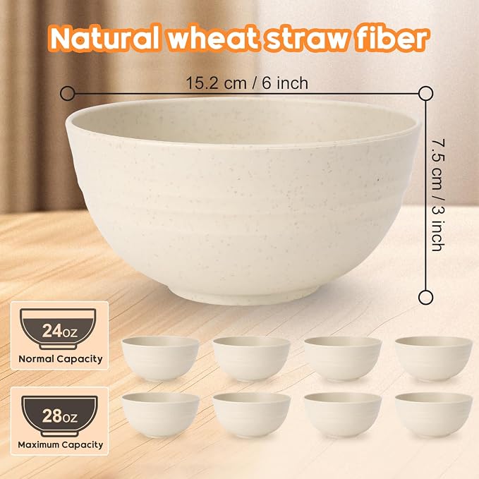 Unbreakable Cereal Bowls Set of 8, 26 Oz Wheat Straw Bowl Sets, Microwave & - Image 2