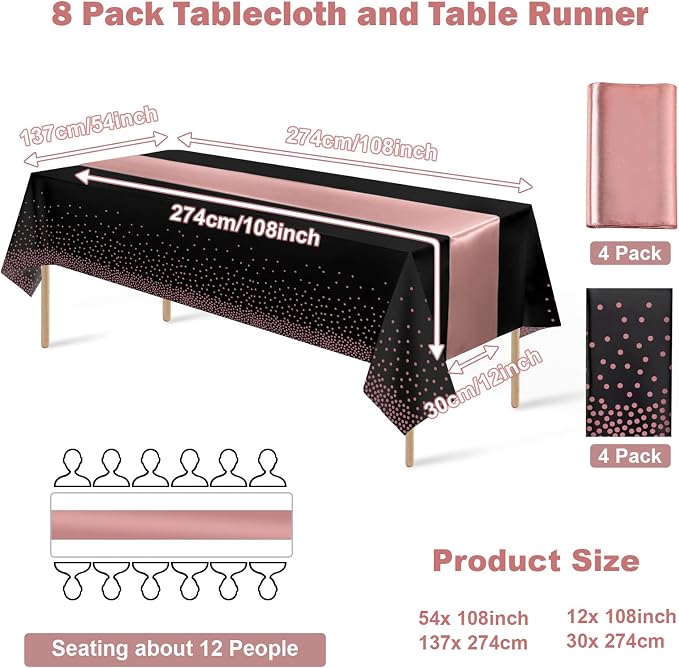 8Pack Disposable Plastic Tablecloths and Satin Table Runner Set Black and Rose - Image 2