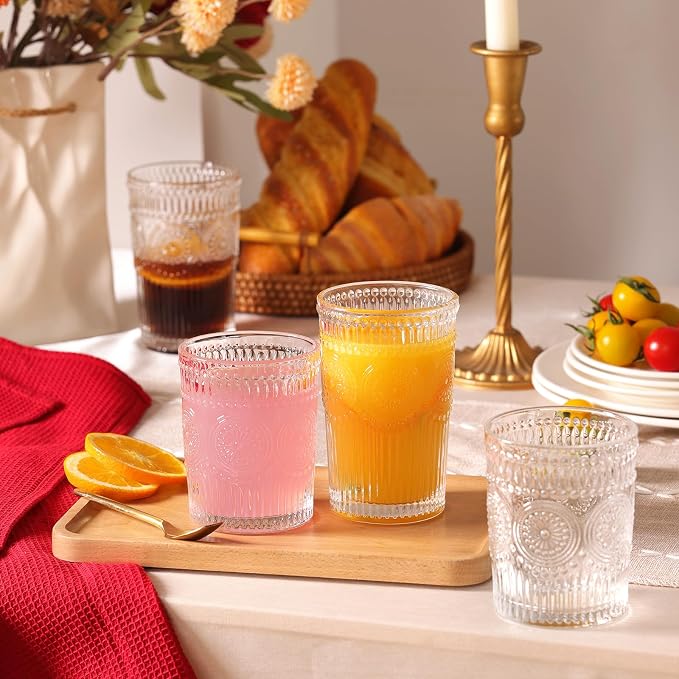 Moretoes Vintage Drinking Glasses Set of 12, Textured Striped Glass Cups | - Image 7