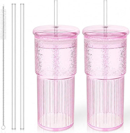 Luiaiog Glass Cups with Lids and Glass Straws, High Borosilicate 20OZ Pink by Luiaiog