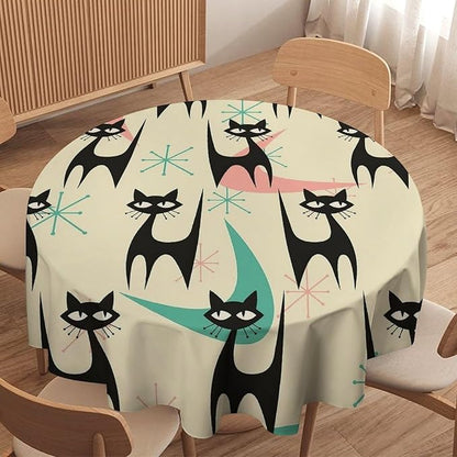 Mid Century Colorful Modern Cat Round Tablecloth, Medieval Bohemian Abstract Animal Tablecloth for Home Party Dining Room Kitchen Decor 36Inch(90cm)