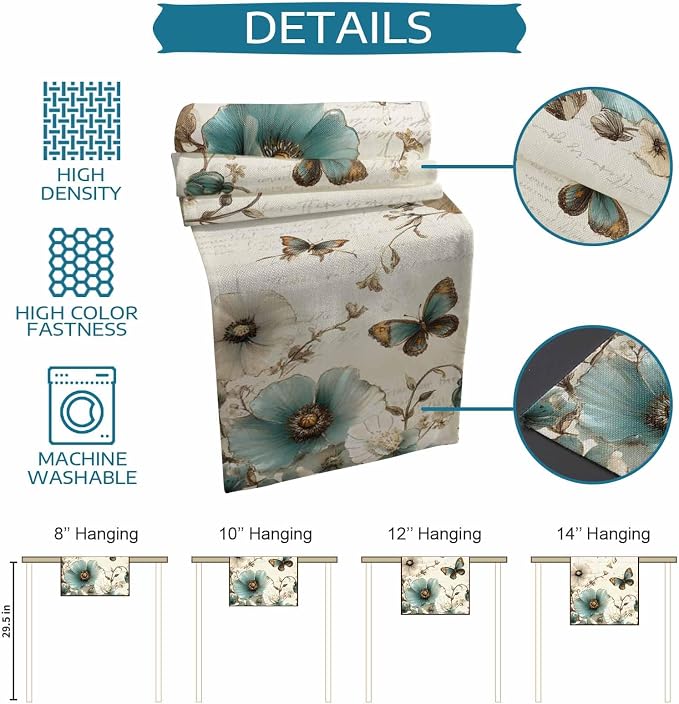Turquoise Tulip Table Runners 36 Inches Long, Spring Vintage Botanical Table - Image 8