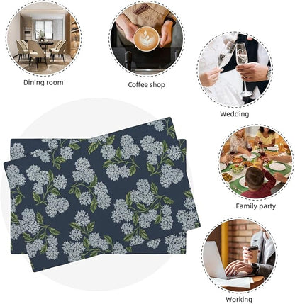 Navy Blue Placemats Set of 4 Blue Green Hydrangea Flower Decor Place Mats 12x18 Inch Vintage Floral Spring Summer Seasonal Decorative Linen Table Mats for Kitchen Dining Party Table Decoration
