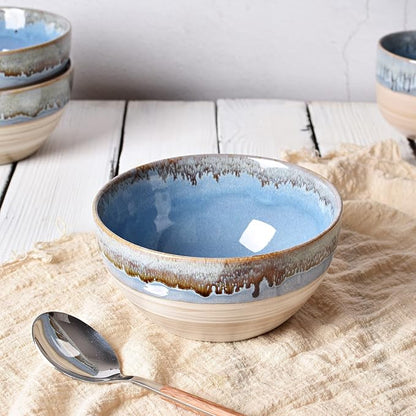 Bosmarlin Stoneware Soup Bowl Set of 4, 26 Oz, Cereal Bowl for Oatmeal, Dishwasher and Microwave Safe, Reactive Glaze (Blue, 6 in)