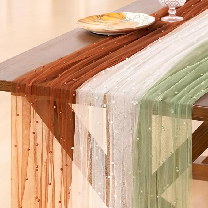 Pearl Table Runner Fall Mix&Match Tulle Gauze Sheer Wedding Decor | Terracotta - Image 2