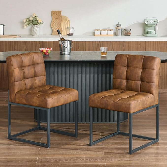 Coffee Faux Leather Dining Chairs Set of 4, Mid-Century Modern Dining Room Chairs with Armless, Checkered Kitchen Chair with Metal Legs
