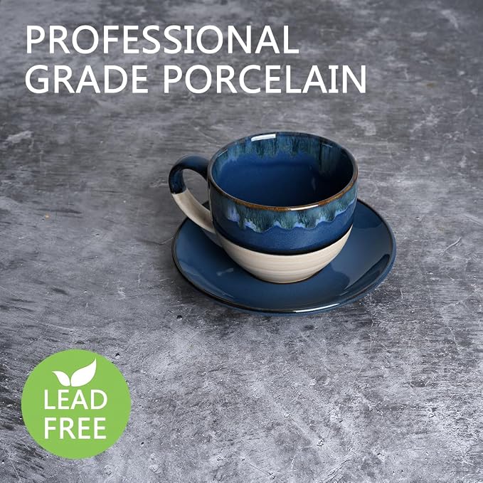 Bosmarlin Ceramic Cappuccino Cup and Saucer Set of 2, 10 Oz, Coffee Cups - Image 3