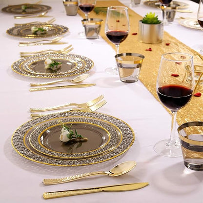 Nervure 150PCS Clear Black Plastic Plates - Gold Party Plates - Black and Gold Dinnerware Set Include: 50 Plate, 25Cups, 25Forks, 25Knives, 25Spoons for New Year & Party & Halloween