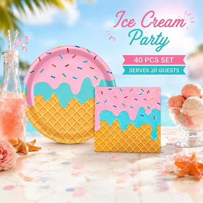 40 Pcs Ice Cream Plates and Napkins Party Supplies, Disposable Ice Cream Paper - Image 7