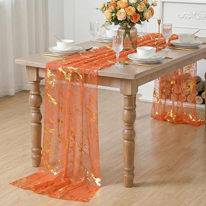 Artoid Mode Marble Pattern Orange Gauze Table Runner 10FT, Glitter Metallic - Image 3
