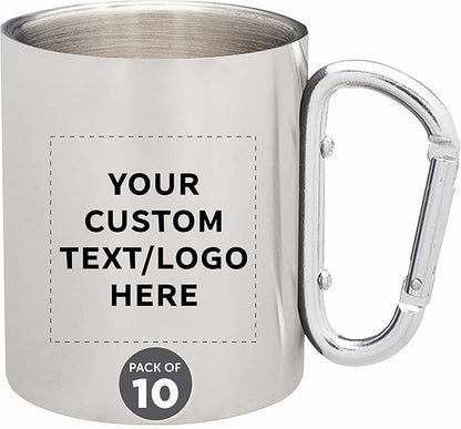 Custom Stainless Steel Mugs with Carabiner Handle 10 oz. Set of 10, Personalized Bulk Pack - Perfect for Coffee, Soda, Other Hot & Cold Beverages - Silver