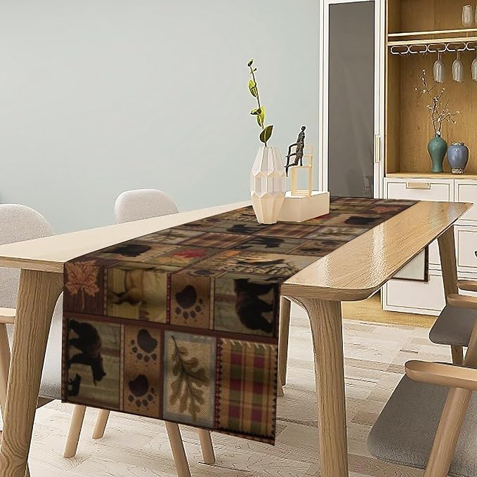 Rustic Bear Table Runner, Vintage Cottage Country Style Pine Tree Elk Wildlife - Image 2