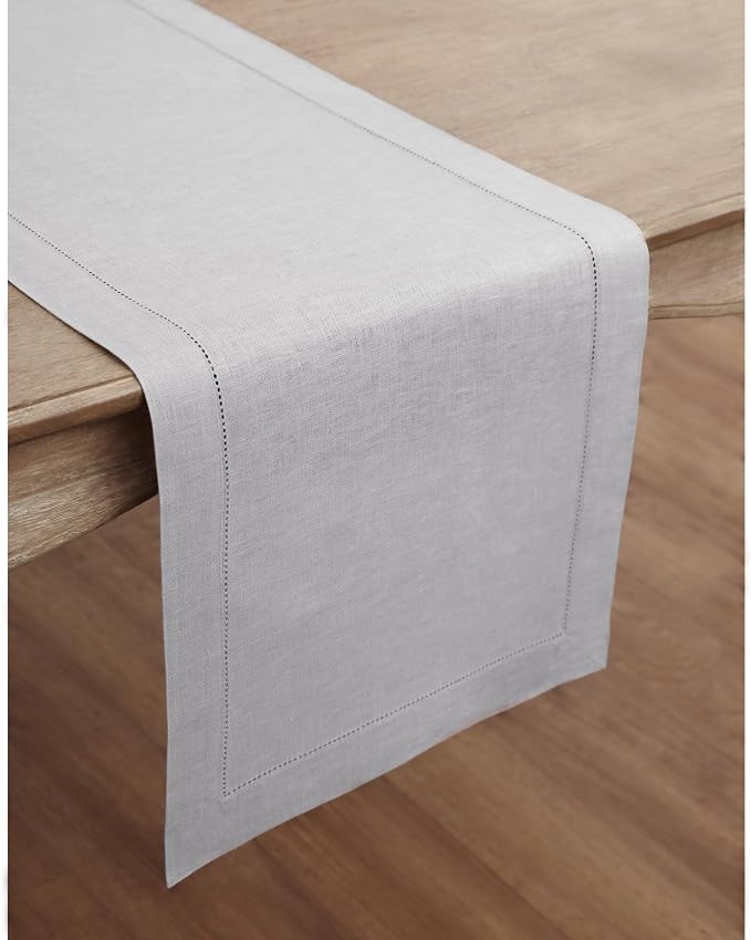 Solino Home 100% Pure Linen Dining Table Runner Grey Hemstitch, 14 x 120 in | - Image 2