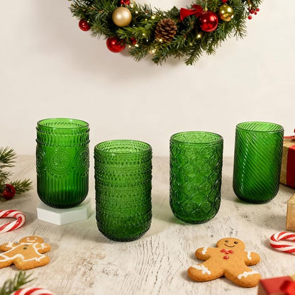 CHLJAR Christmas Green Vintage Wine Drinking Glasses Set of 6, 14 oz hobnail - Image 6