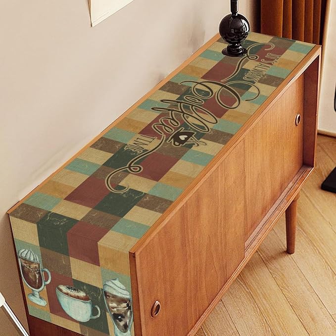 Coffee Theme Table Runner, Rustic Coffee Time Cafe Cup Latte Cappuccino Tea - Image 2