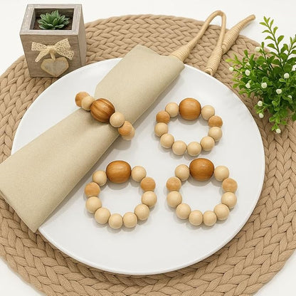 Napkin Rings Set of 6 - Wooden Beads Napkin Rings | Rustic Wooden Napkin Ring Holder for Table Decoration Handmade LEBEJUA Napkin Ring with Wood Beads & Napkin Holder with Jute Twine