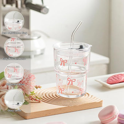 INSETLAN 13 oz Bow Decal Glass Tumblers Set of 2, Thick Wall Glass Cups - Image 8