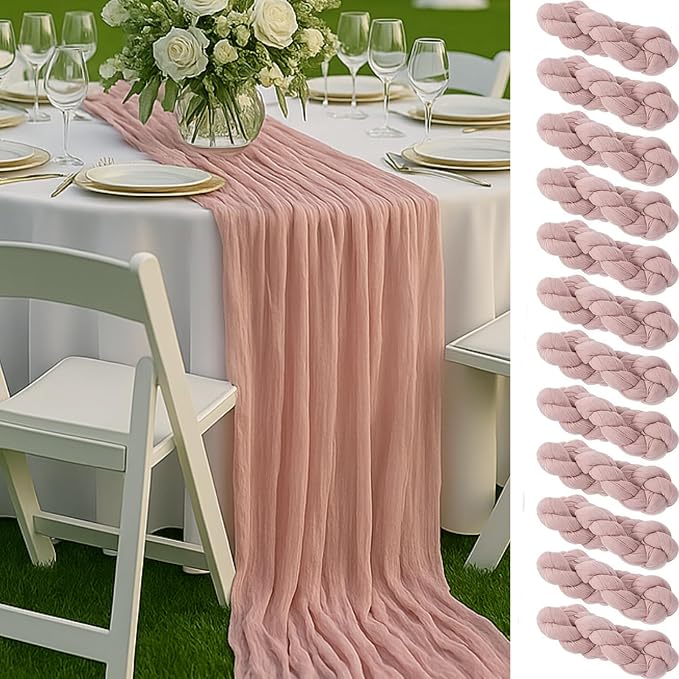 12 Pack Dusty Pink Cheesecloth Table Runners – 10FT Blush Gauze Boho Table - Image 8