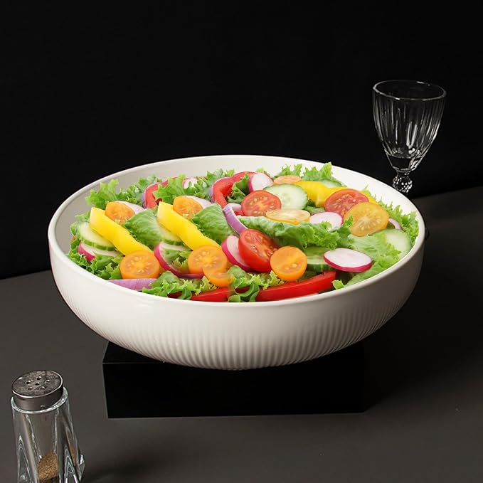 Set of 2 Serving Bowls- 9inch Extra Large Salad Bowls -Porcelain White Serving - Image 4