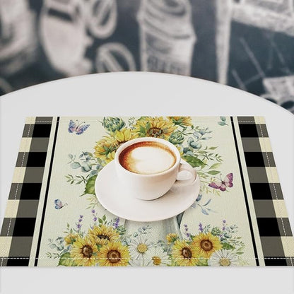 Vintage Sunflower Theme Placemat Set, Rustic Farmhouse Vivid Lavender Floral Butterflly Black White Check Pattern Home Decor Linen Table Mats for Dining Room Kitchen Party (17x12in) x6P
