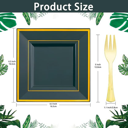 WDF 200PCS Green and Gold Plastic Dessert Plates with Plastic Forks -6’’ 100 Square Disposable Appetizer Plates Small Plates Cake Plates with Gold&100 Green Small Appetizer Forks for St. Patrick's Day