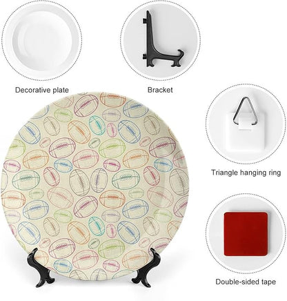 Ceramic Display Plate, American Football Ceramic Hanging Decorative Plate, Grunge Looking Hand Drawn Sports Sketch, 8 Inch, Household Custom Ceramic Plate, Multicolor